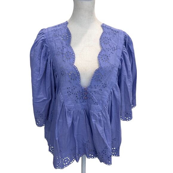 Free People Purple Eyelet Boxy Short Sleeve Boho Top Womens Size Small - Picture 1 of 7